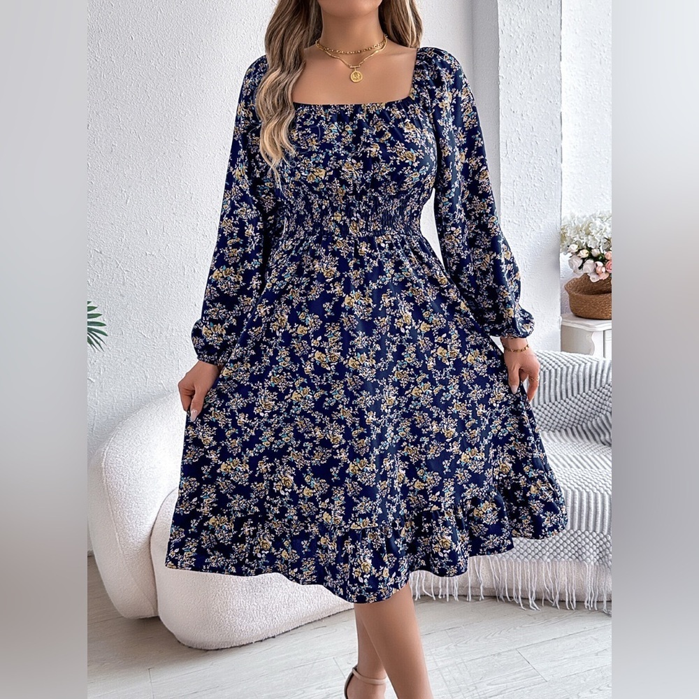 Floral Print Long Sleeve Square Neck Midi Dress